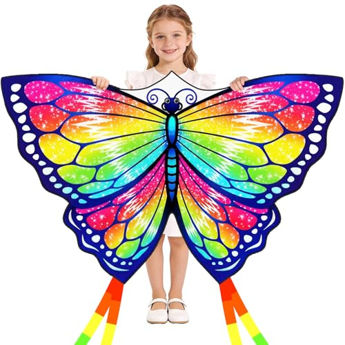 Grande aquilone colorato a forma di farfalla, 100 x 86 cm, linea singola colorata con coda, aquilone da spiaggia per principianti, con manico di avvolgimento e lenza, per bambini, per giochi di volo e