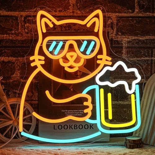 LULANMP Katze Bier Neon Schild Bar LED Schild Cat Trinken Bier Leuchtreklame Haustier Leuchtschild für Bars Weinkeller Hundezwinger Zoohandlung Dekoration