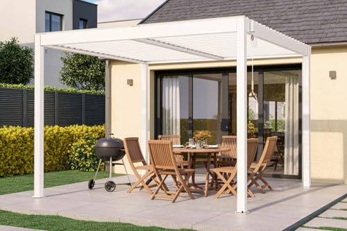 Cazeboo Pérgola bioclimática autoportante Piana de 3x3 m en Aluminio Blanco con 3 Lamas de privacidad.