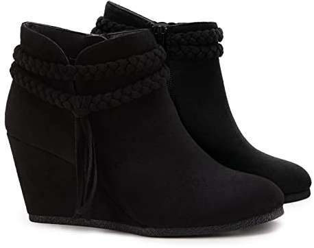 Fashare Womens Wedge Ankle Boots Braided Fringe Strap Western Heeled Fall Booties Dress Shoes,Suede Black, Size 9