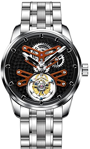 Aesop Tourbillon Orologi da Uomo Lusso meccanico a carica manuale Orologio da polso analogico zaffiro impermeabile Business Casual Uomo 7029(Arancione - Inossidabile)