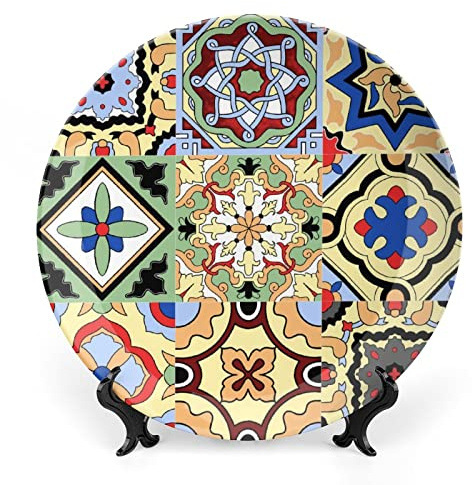 Ceramic Decorative Plates Mexican Tiles Flower Print Home Wobble-Plate with Display Stand, Moroccan Floral Porcelain Plate, Mexico Wall Hanging Decor for Living Dining Room Kitchen Household 25 CM