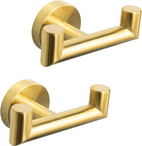 QNIIAED Double Door Hooks,Bathroom Towel Hook Screw in for Robes Coats | 2 Pack Heavy Duty Stainless Steel Wall Hanger for Kitchens,Bedroom,Hold Up To 15 Lb,for Keys Clothes Bags(Brushed Brass Gold)