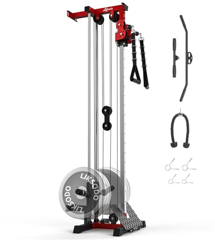 Liksodo Cable Station Wall Mounted, 18 Height Pulley Tower, LAT Pull-Down Machine with Adjustable Dual Pulley System, High and Low Cable Crossover Machine with LAT Row LAT Tower for Home Gym, Red