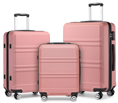 KONO Kofferset 3 Teilig Hartschalenkoffer von ABS Trolley Handgepäck Koffer Gepäck-Sets M-L-XL Reisekoffer mit Rollen und TSA Schloss, Rosegold