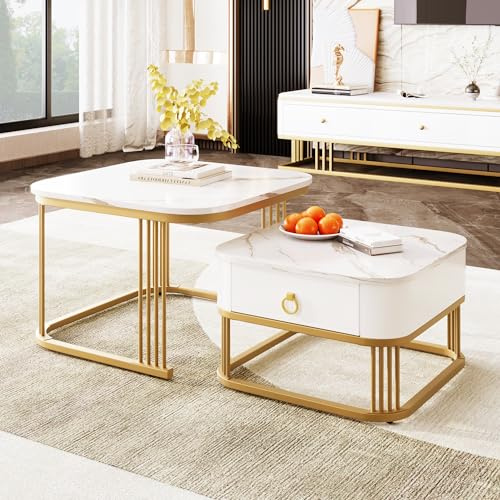 Merax Couchtisch 2er Set, Wohnzimmer Tisch,Satztisch Sofatisch Kaffeetisch Tisch-Set mit eine Schubladen Hochglanz-Marmoroptik, Goldenen Akzenten（Tippe D）