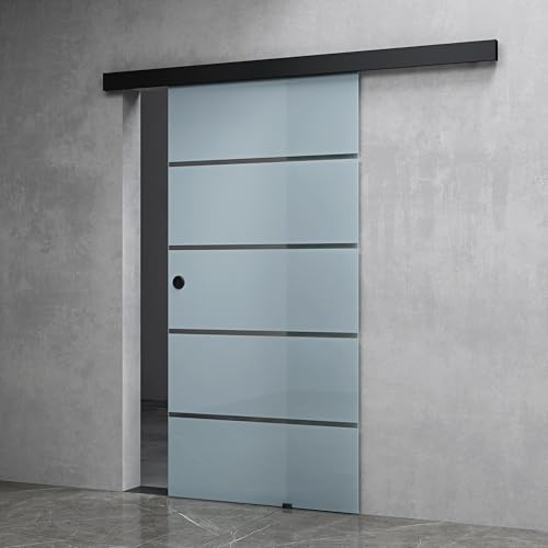 Mai & Mai Glasschiebetür komplettset Schwarz 5-Milchglas Streifen | Griffart: Muschelgriff, BxH: 90x205cm, 15 mm Wandabstand, 8mm ESG-Sicherheitsglas