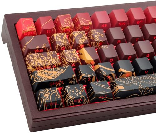 PBT Custom Keycaps, 131 Keys Red Ukiyo-e Keycaps Cherry Profile Dye-Sublimation Shine Through Side Engraved Transparent Keycap for ANSI & ISO Layout Mechanical Gaming Keyboard