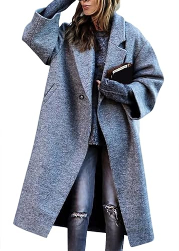 shownicer Femme Manteaux en Laine Chic Manches Longues Trench Coat Chaud Mi-Long Manteau Blazer Long Jacket Manteau Couleur Unie Automne Hiver Blouson A Gris M