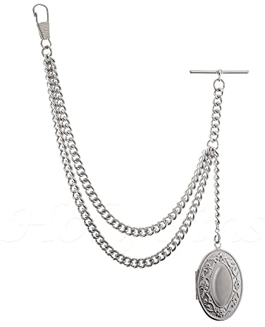 Holy Sins Jewellery Handmade in The UK Silver Colour Albert Pocket Watch Chain with Oval Locket Pendant (12)