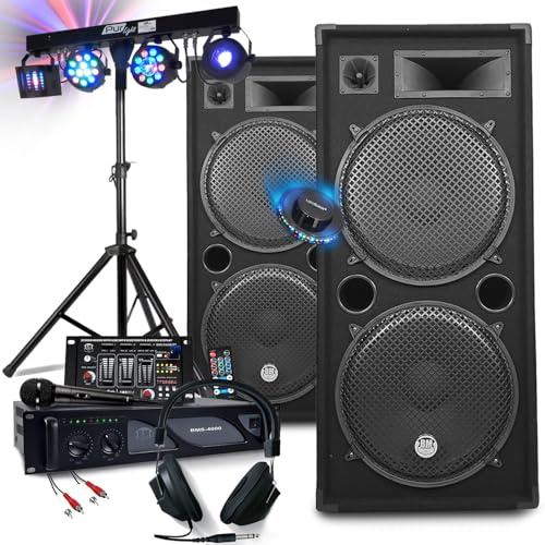 DJ Mix Sound-Set für Hochzeit, Abendveranstaltung, Verstärker 3000 W + Lautsprecher 2 x 2000 W, Mischpult, USB, Bluetooth, Ständer, Beleuchtung mit mehreren LED-Effekten