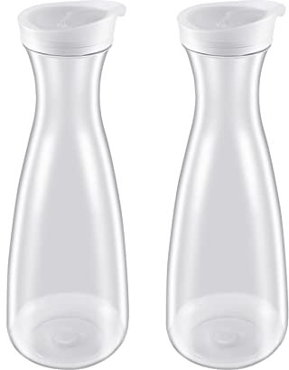 Folceretsc 2Pcs 1.6L Plastic Water Carafes with White Flip Tab Lids- Food Grade & Recyclable Shatterproof Pitchers - Juice Jar