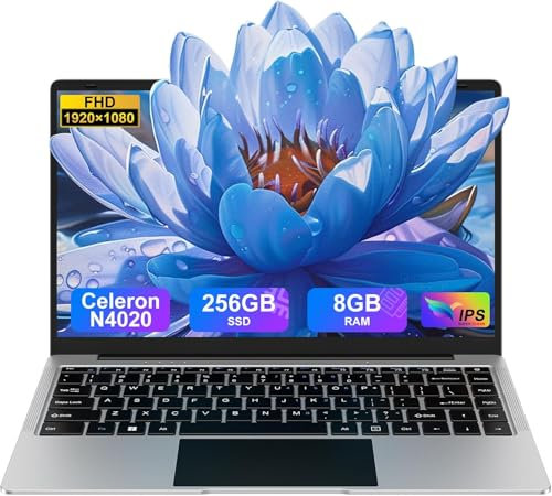 Ordenador portátil 14 Pulgadas N4020 hasta 2,8 GHz Portátil 8GB LPDDR4 RAM 256GB SSD Soporte 1TB SSD Expansión portatil 2.4G+5G WiFi BT4.2 USB, WiFi, Mini-HDMI, 1920*1080 IPS HD Pantalla-Plata