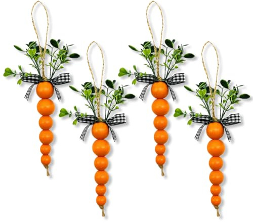 4 Pcs Easter Wooden Bead Carrot Hanging Ornaments,Wood Carrots Pendants Tree Ornaments Decorations with Bow and String for Kids Spring Easter Party Supplies Farm Home Decoration