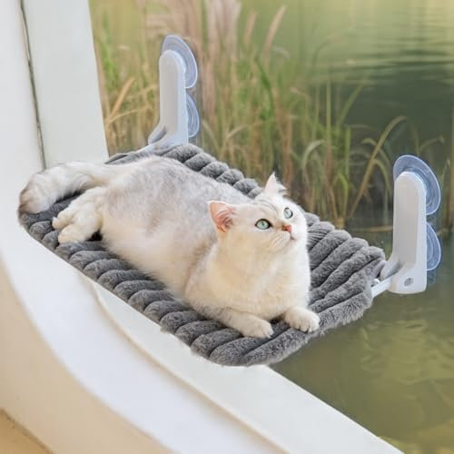MEWOOFUN Percha plegable para ventana de gato con funda extraíble y reversible, hamaca suave para ventana de gato con marco de acero reforzado, soporta hasta 18 kg (gris, L)