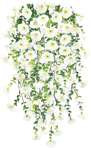Epaing 2PCS Artificial Hanging Flowers, Artificial Plants Flowers Outdoor, Fake Petunia UV Resistant Artificial Trailing Plants for Hanging Baskets for Home Garden Indoor Outdoor Decor(White)