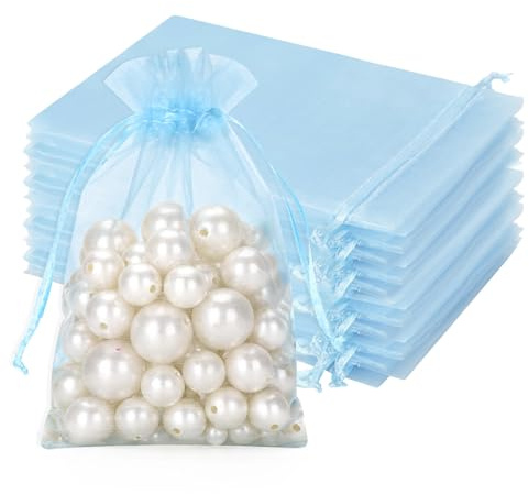 jijAcraft Babyblau Organzasäckchen 10x15cm: Geschenksäckchen mit Zugban Transparent Schmucksäckchen 50 Stück Organza Beutel Hochzeit zum Befüllen Geschenk Bonbon