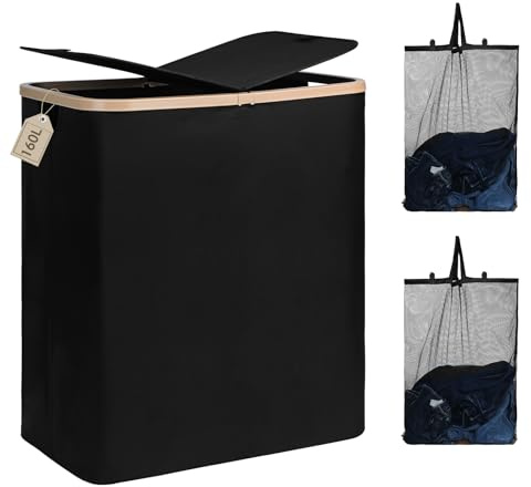 DOKEHOM 160L Double Laundry Basket Hamper with Lid & Removable Bags, Black