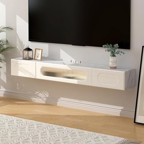 KLYDBMYT Meuble TV Flottant Moderne avec tiroirs, Meuble TV Mural en Bois Massif, Meuble TV Mural Moderne, Console TV Flottante Blanche, Meuble multimédia 55 Pouces, Styl