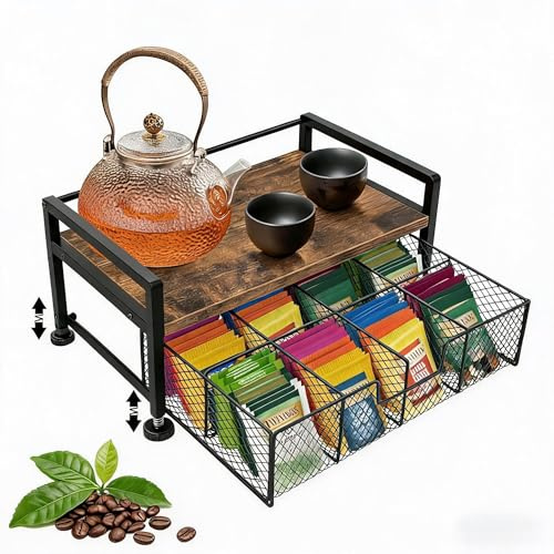 TANGYANGNY® Teebox mit Schublade, 8 Fächern Organizer für Teebeutel, Kaffee. Mit Ablagefläche, geeignet zur Aufbewahrung von Gegenständen in der Teeküche, Kaffeebar, Schreibtisch. Dunkelbraun
