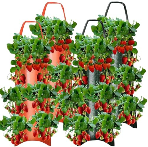 Macetero de tomates | Macetero de fresas, 4 piezas de 8 agujeros para colgar fresas, bolsas de cultivo transpirables, pared exterior de 23, 6 x 9, 8 para jardín, hierbas, flores, tomates de menta