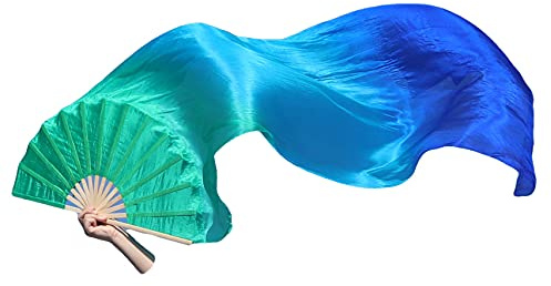 Winged Sirenny Paar Handgemalter Vielseitig Seidenfächer-Schleier mit Poi-Schnüren, Leichte 150cm Fächer-Pois für Bauchtanz, Tribal Dance, Bühnenshows & Spirituelle Tanz (grün-türkis-blau)