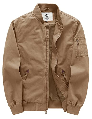 WenVen Men's Autumn Light Canvas Workwear Aviator Bomber Jacket (Khaki, L)