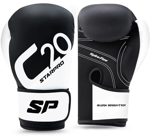 Starpro Guantoni da Boxe in Pelle Premium PU per Donna e Uomo. Guanti Allenamento e Sparring per Muay Thai, Kickboxing, Fitness, Pugilato - Bianco e Nero - 8oz 10oz 12oz 14oz 16oz