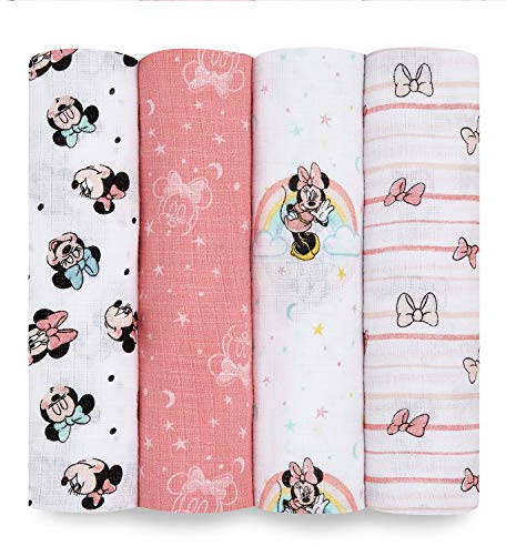 aden + anais Aden Wickeldecke, Musselindecken für Mädchen und Jungen, Wickeltücher für Babys, Neugeborene, Unisex-Artikel für Babypartys, tragbares Wickelset, 4er-Pack, Minnie Mou