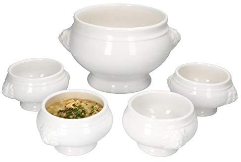 MamboCat Leo Löwenkopf Suppenterrine Suppentassen Set 5tlg I 1x Suppenschale 2 L + 4X kleine Suppentassen 0,25 L I Königliches Set Suppenschüssel Löwenkopf-Terrine aus Steingut weiß
