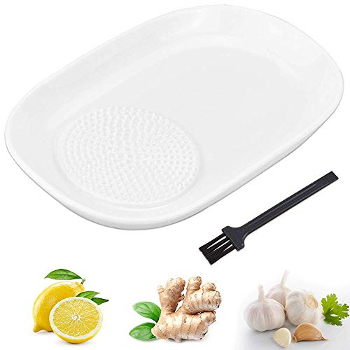 KBNIAN Ceramic Grater Plate, Garlic and Ginger Grater Set with Mini Brush Porcelain Galangal Graters for Turmeric, Garlic, Onion and Spices Kitchen Tools Easy to Clean and Storage (10.3 * 16.2cm)