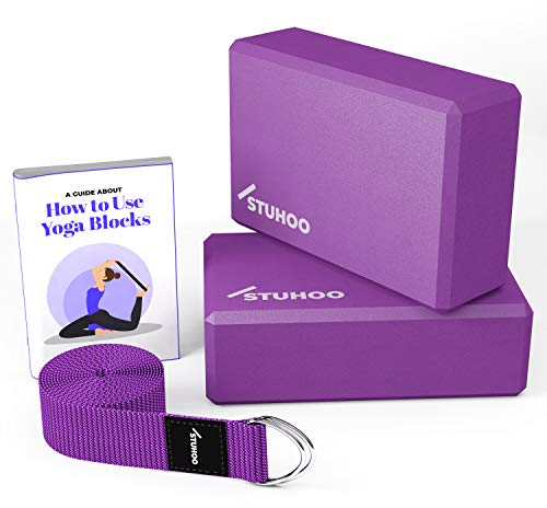 STUHOO Yoga Block Set of 2 and Strap Includes Descriptive E-book - Sturdy Yoga Brick & Lightweight Eva Foam Block Support Deepen Poses, Provides Strength & Stability for Pilates Practice