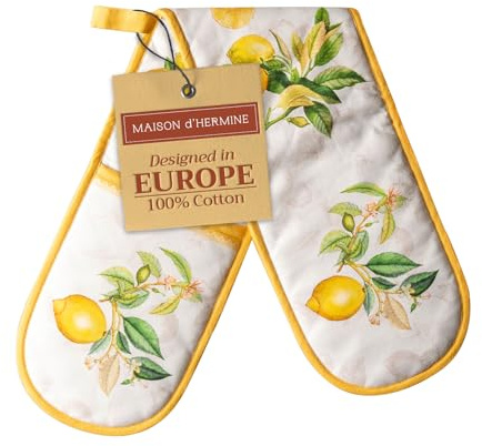 Maison d' Hermine Double Oven Mitts 100% Double Cotton Oven Glove 18 x 89cm | Heat Resistant BBQ Cooking Gloves with Loop Baking Grilling Kitchen Hotel Home Farmhouse Spring Summer - Limoncello