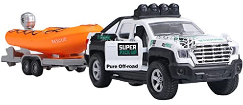 Pickup Truck Trailer Towing Speed Boat 2 in 1 Playset Diecast Model Car Metal Pull Back Toy Cars 1/36 SUV Vehicle Outdoor Sandbox Adventure Play Set Doors Open Light Sound Boys Toys Kids Gifts