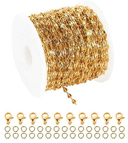 UMAOKANG 32.8 Feet Gold Plated Jewelry Chain Link Stainless Steel Spool with Lobster Clasp and Jump Rings for Necklace, Bracelet, Anklet DIY Making