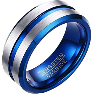 Homxi Wolframcarbid Ring Herren,Rund mit Linie 8MM Ringe für Herren Blau Silber Ring für Herren Gr.54 (17.2)