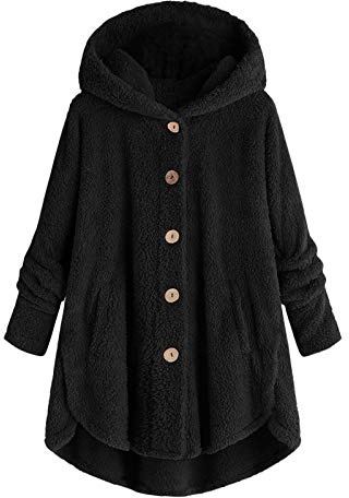 plüschjacke Damen Wollmantel Winterjacke Oversize Lang Teddy Plüschmantel mit Kapuze Winter Warm Knopf Kapuzenjacke Lässige Lockerer Wintermantel Oberteile