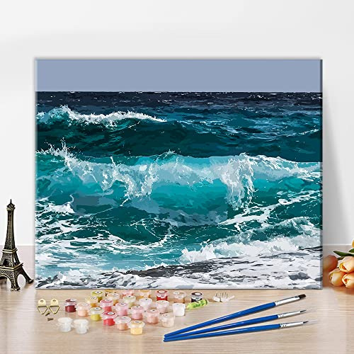 DIY Handgemalt Ölgemälde Abstrakte blaue Ozeanwellen Erwachsene Malen nach Zahlen Anfänger Malen mit Zahlen Wohnzimmer Schlafzimmer Dekor Kunsthandwerk Geschenke für Home Decorations 16x20inch