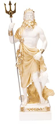 Poseidon Griechischer Gott des Meeres mit Dreizack Statue Figur Gold Alabaster 25,4 cm