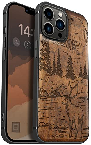 Carveit Holz Hülle für iPhone 13 Pro Max, Nussbaum-Berge und Hirsche | Cover kompatibel MagSafe [Holz und TPU Silikon Hybrid Hull] Magnetisch Case für iPhone 13 Pro Max Handyhülle