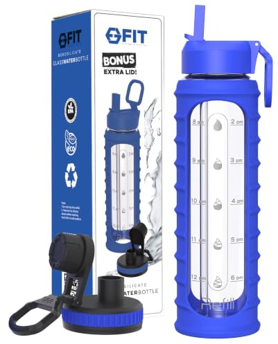 32 oz Glass Water Bottle with Time Marker, Straw Lid, Large, Motivational | BPA-Free Waterbottle, Drinking & Daily Hydration, Silicone Sleeve, Reusable, Dishwasher Safe, Wide Mouth, Royal Blue Ribbed