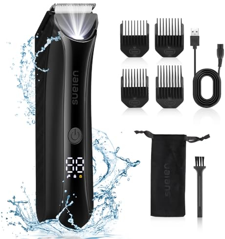 Ualans Intimrasierer Mann, Elektrischer Körperrasierer Herren mit LED-Licht und Display, IPX7 Wasserdichter Körperhaartrimmer, 100% Wasserfest inkl 4 Aufsteckkämme, Geschenke für Männer