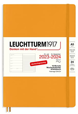 LEUCHTTURM1917 367863 veckokalender och anteckningsbok mjukt skydd medium (A5) 2024, 18 månader, Rising Sun, tyska