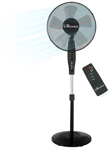 UR CHOICE 16'' Pedestal Standing Floor Fan with Remote Control | Oscillating Air Cooling | Electric Fan - 3 Speed, Adjustable Height & Up-Down Tilt | Black