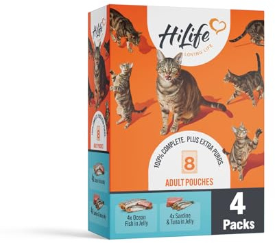 HiLife Adult Wet Cat Food, Mixed Ocean Fish in Jelly Recipes, Complete Cat Food Pouches, 100% Natural & Grain Free, Ocean Fish / Sardine with Tuna (32 x 70g Pouches)
