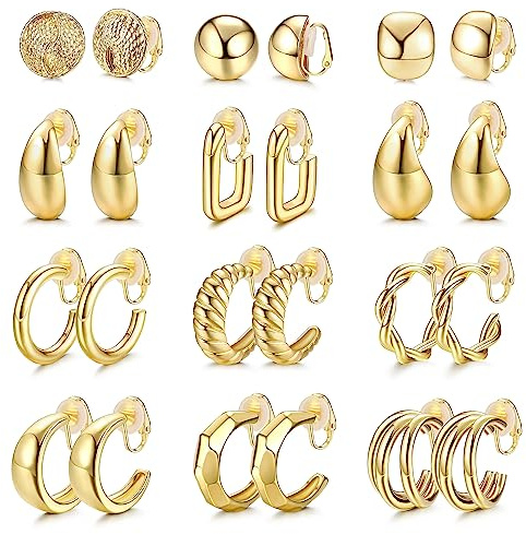 Morfetto 12 Paar Clip auf Creolen für Damen Gold Clip auf Ohrringen Twist Runde Klobige Creolen Clip Ohrringe Kein Piercing Gefälschte Ohrringe Gold