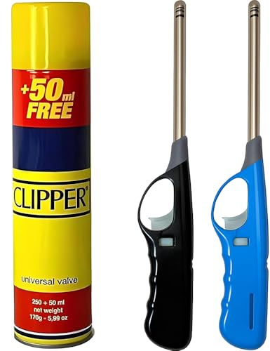 OBD 2 x Candle Lighters Refillable Long Reach Adjustable Flame Safety Lock Windproof Design with Clipper 300ml Gas Refill for Kitchen BBQ Candles Camping and Outdoor Cooking (Assorted Colours)