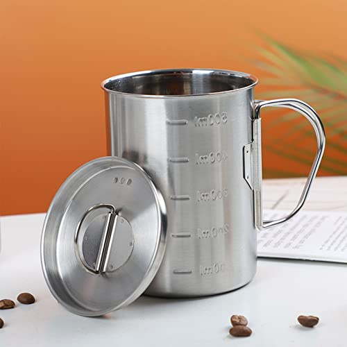 Tomotato 500ml Tasse de Camping avec Couvercle, 12×11cm Tasse à Eau en Acier Inoxydable avec Poignées Pliables et Couvercle, Tasses de café Portables pour Camping en Plein Air, Randonnée(500ml)