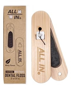 ALL IN Waxed Charcoal Floss with a Refillable Dental Floss Magnetic Holder - Plant Based, Natural, and No PFAS - Mint Floss for Effective Plaque Removal, Clean Teeth, Fresh Breath - 32 yd