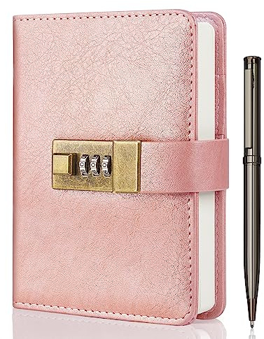 WEMATE Tagebuch mit Schloss, Tagebuch mit Schloss, 192 Seiten, Passwort-Notizbuch, Stift und Geschenkbox – perfekt für Männer und Frauen – 10,7 x 15,7 cm (Roségold)
